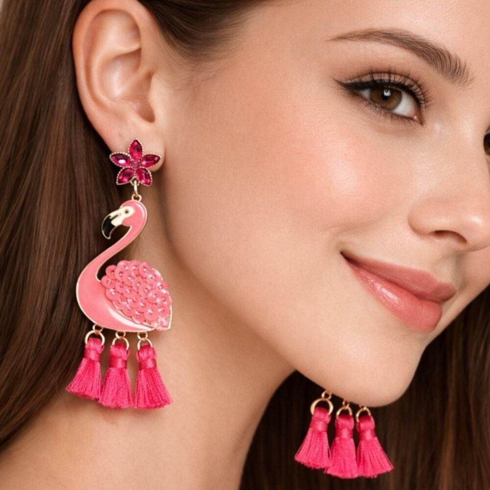 NWT Flamingo Sequin Tassel Earrings
